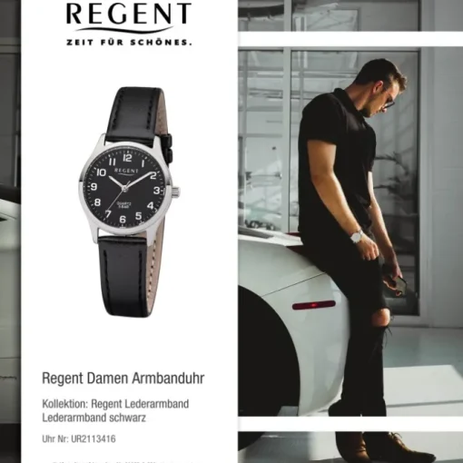 Regent Damen-Armbanduhr 32-2113416 Quarz-Uhr Leder-Armband schwarz UR2113416