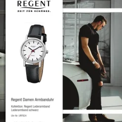 Regent Damen-Armbanduhr Edelstahl Leder schwarz Mineralglas Quarz URF824