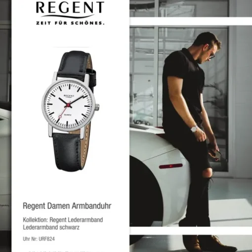 Regent Damen-Armbanduhr Edelstahl Leder schwarz Mineralglas Quarz URF824