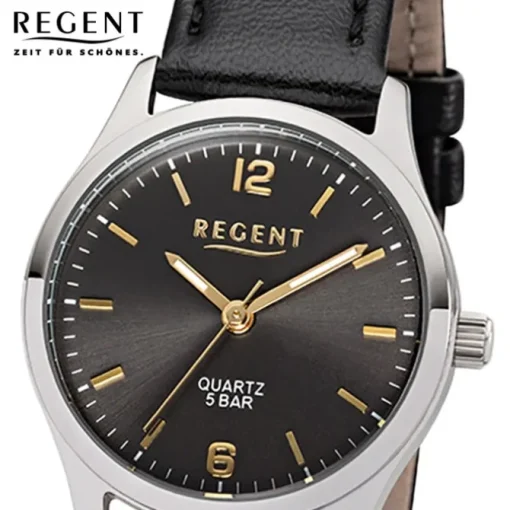 Regent Damen-Armbanduhr F-1308 Quarz-Uhr Leder-Armband schwarz UR2113417
