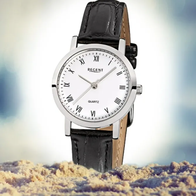 Regent Damen-Armbanduhr F-935 Quarz-Uhr Leder-Armband schwarz URF935