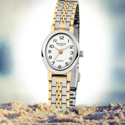 Regent Damen-Armbanduhr F-393 Quarz-Uhr Mini Stahl-Armband silber gold URF393