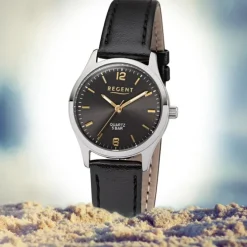 Regent Damen-Armbanduhr F-1308 Quarz-Uhr Leder-Armband schwarz UR2113417