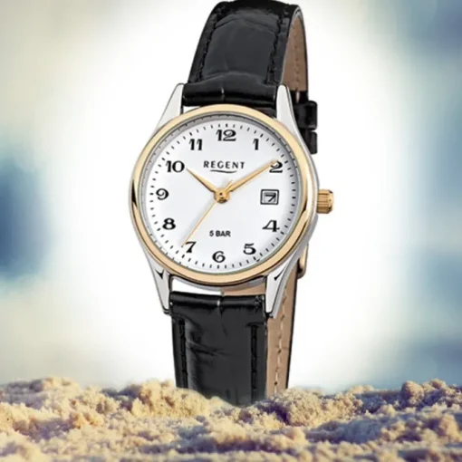 Regent Damen-Armbanduhr F-834 Quarz-Uhr Leder-Armband schwarz URF834