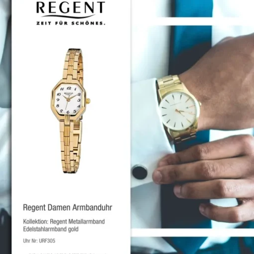 Regent Damen-Armbanduhr F-305 Quarz-Uhr Stahl-Armband gold URF305