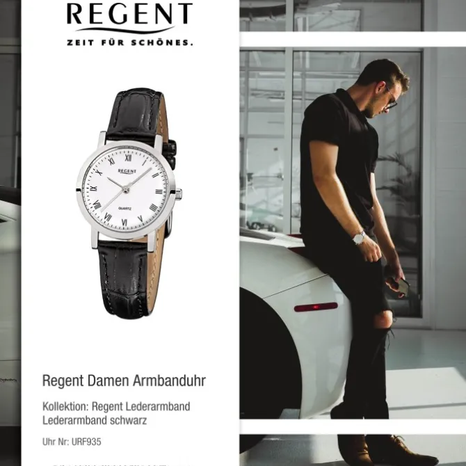 Regent Damen-Armbanduhr F-935 Quarz-Uhr Leder-Armband schwarz URF935