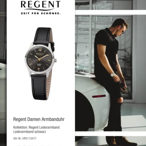 Regent Damen-Armbanduhr F-1308 Quarz-Uhr Leder-Armband schwarz UR2113417