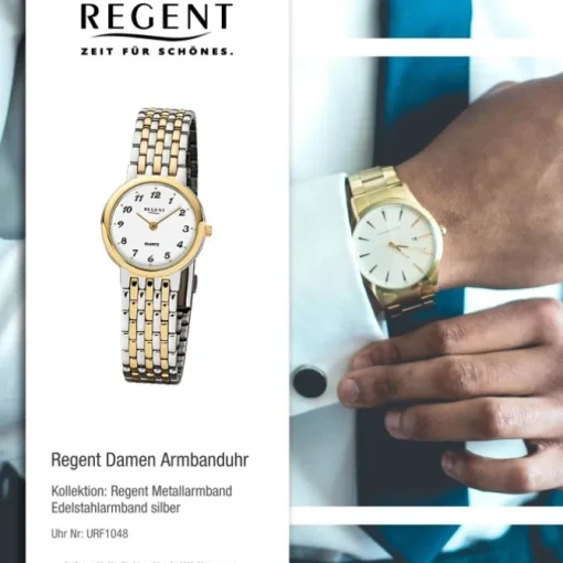 Regent Damen-Armbanduhr F-1048 Uhr Edelstahl-Armband silber gold URF1048