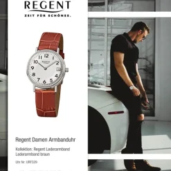 Regent Damen-Armbanduhr F-329 Quarz-Uhr Leder-Armband braun URF329