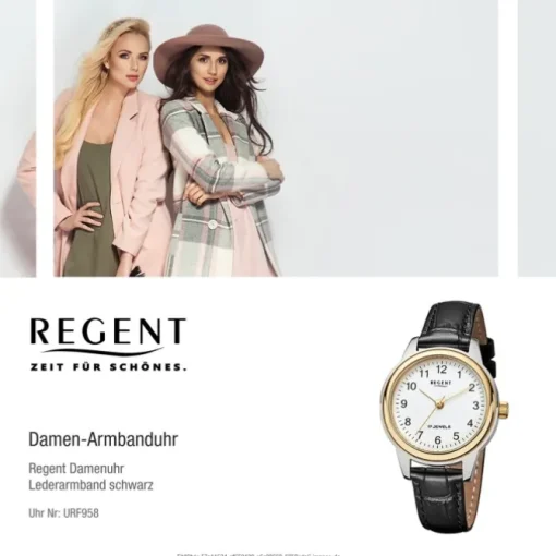 Regent Damen-Armbanduhr F-958 Handaufzug Leder-Armband schwarz URF958
