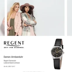Regent Damen-Armbanduhr F-1308 Quarz-Uhr Leder-Armband schwarz UR2113417