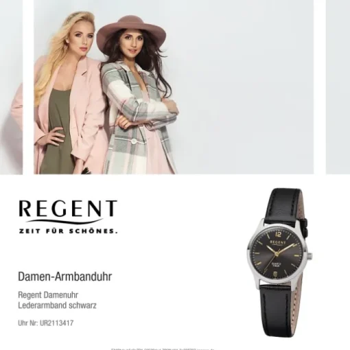 Regent Damen-Armbanduhr F-1308 Quarz-Uhr Leder-Armband schwarz UR2113417