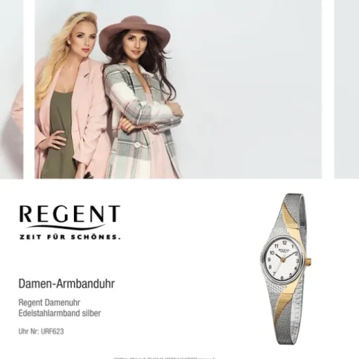 Regent Damen-Armbanduhr F-623 Quarz-Uhr Stahl-Armband silber gold URF623