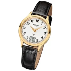 Regent Damen-Armbanduhr FR-194 Funkuhr Leder-Armband schwarz URFR194