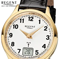 Regent Damen-Armbanduhr FR-194 Funkuhr Leder-Armband schwarz URFR194