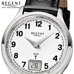 Regent Damen-Armbanduhr 32-FR-192 Funkuhr Leder-Armband schwarz URFR192