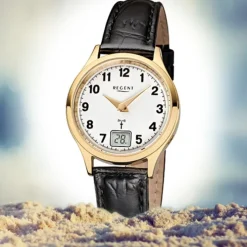 Regent Damen-Armbanduhr FR-194 Funkuhr Leder-Armband schwarz URFR194