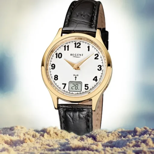 Regent Damen-Armbanduhr FR-194 Funkuhr Leder-Armband schwarz URFR194