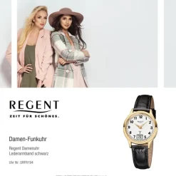 Regent Damen-Armbanduhr FR-194 Funkuhr Leder-Armband schwarz URFR194
