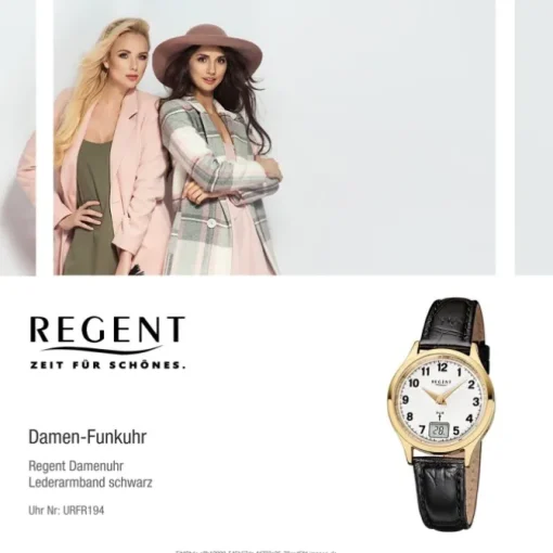 Regent Damen-Armbanduhr FR-194 Funkuhr Leder-Armband schwarz URFR194