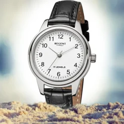 Regent Damen-Armbanduhr Handaufzug Leder schwarz mechanisches Uhrwerk Uhr URF957