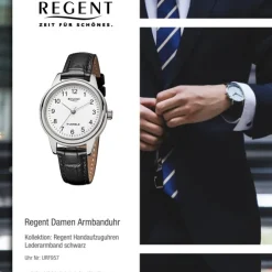 Regent Damen-Armbanduhr Handaufzug Leder schwarz mechanisches Uhrwerk Uhr URF957