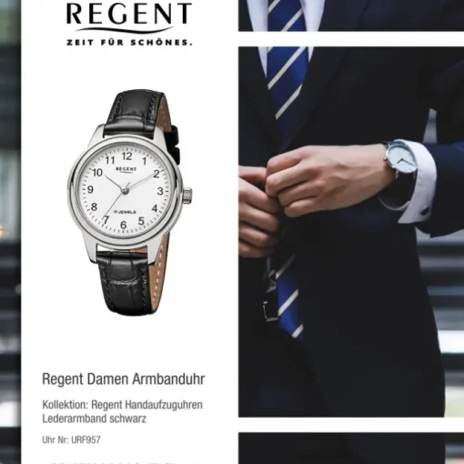 Regent Damen-Armbanduhr Handaufzug Leder schwarz mechanisches Uhrwerk Uhr URF957