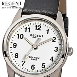 Regent Damen-Armbanduhr Titan Quarz-Uhr klassisch Leder schwarz weiß URF441