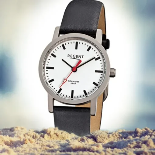 Regent Damen-Armbanduhr Titan Damenuhr - Quarz Leder schwarz Uhr URF240