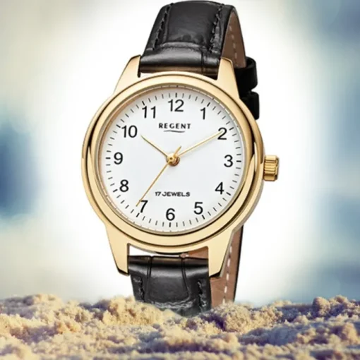 Regent Damenuhr Handaufzug Leder schwarz Gehäuse ionenplattiert Gold Uhr URF1395 URF959