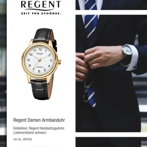 Regent Damenuhr Handaufzug Leder schwarz Gehäuse ionenplattiert Gold Uhr URF1395 URF959