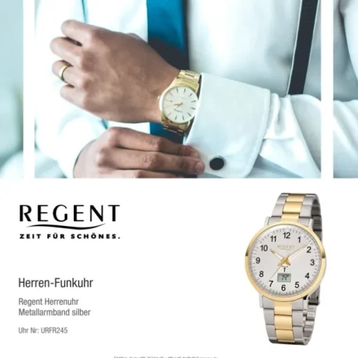 Regent Funkuhr Analog Digital FR-245 Funk-Uhr Metall silber gold URFR245