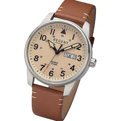 Regent Herren Armbanduhr Analog Lederarmband braun hellbraun URF1255