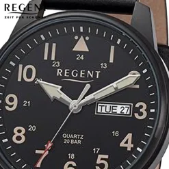 Regent Herren Armbanduhr Analog Lederarmband schwarz braun URF1253