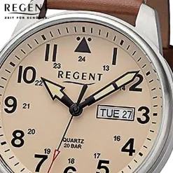 Regent Herren Armbanduhr Analog Lederarmband braun hellbraun URF1255