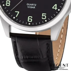 Regent Herren Armbanduhr Analog F-1227 Quarz-Uhr Leder schwarz URF1227