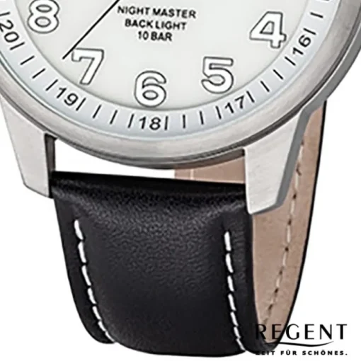 Regent Herren Armbanduhr Analog F-1237 Quarz-Uhr Leder schwarz URF1237