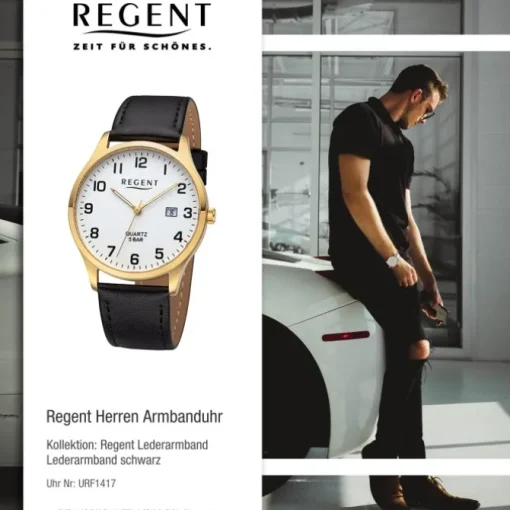 Regent Herren Armbanduhr Analog Lederarmband schwarz URF1417