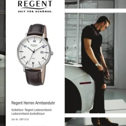 Regent Herren Armbanduhr Analog Lederarmband dunkelbraun URF1516