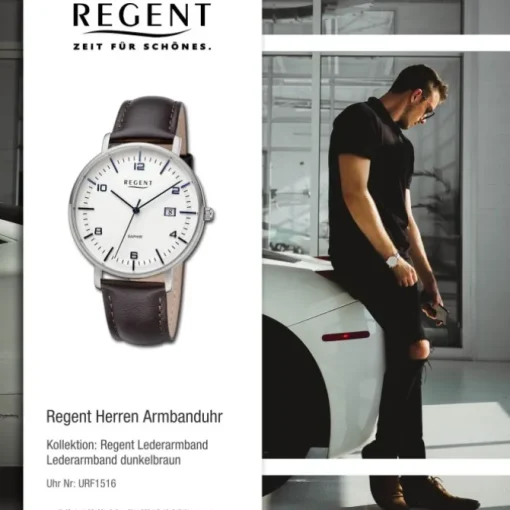 Regent Herren Armbanduhr Analog Lederarmband dunkelbraun URF1516