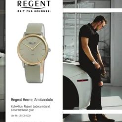 Regent Herren Armbanduhr Analog Lederarmband grün grau UR1094070