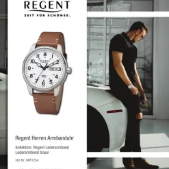 Regent Herren Armbanduhr Analog Lederarmband braun hellbraun URF1254