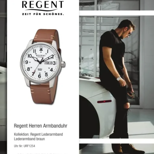 Regent Herren Armbanduhr Analog Lederarmband braun hellbraun URF1254