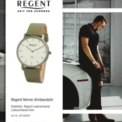 Regent Herren Armbanduhr Analog Lederarmband olive grün UR1094067