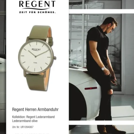 Regent Herren Armbanduhr Analog Lederarmband olive grün UR1094067