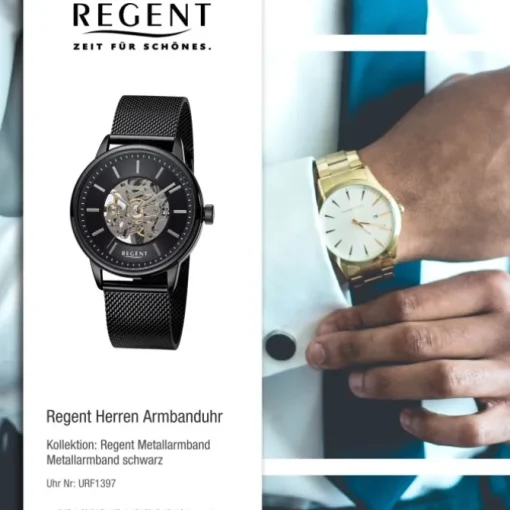 Regent Herren Armbanduhr Analog Metallarmband schwarz URF1397