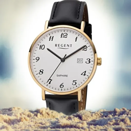 Regent Herren Armbanduhr Analog F-1230 Quarz-Uhr Leder schwarz URF1230
