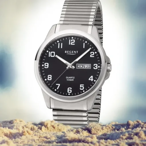 Regent Herren Armbanduhr Analog F-1199 Quarz-Uhr Titan silber URF1199