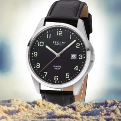 Regent Herren Armbanduhr Analog F-1227 Quarz-Uhr Leder schwarz URF1227