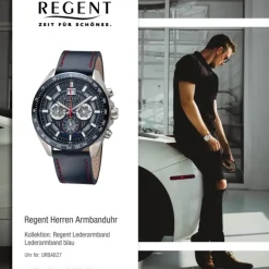 Regent Herren Armbanduhr Analog Lederarmband blau rot URBA827